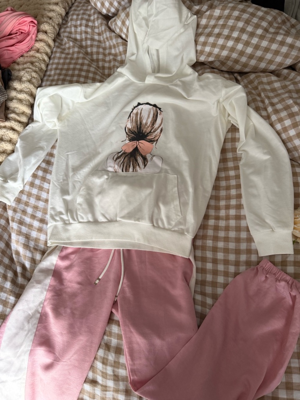 SHEIN Cream Hoodie with Pink Graphic & Pink Track Joggers